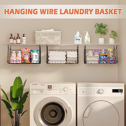 3-Pack Hanging Laundry Room Organizaton：Foldable Laundry Basket Wire Basket with 360°Rotating Hooks Small Space Organization Over Washer and Dryer Shelves - Hanging Closet Organizer, Black Patent - Image 7