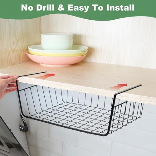 6 Pcs Undershelf Storage Basket Under Shelf Wire Basket Household Metal Under Shelf Hanging Storage Bin Basket Slides Under Shelves for Kitchen Pantry Bookshelf - 14.2" D x 9.1" W x 5.5" H, Black - Image 7