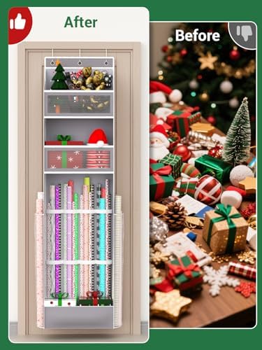 Over Door Wrapping Paper Organizer Hanging – Christmas Gift Wrap Storage for Ribbons, Bows, Ornament and Other Tools, Behind Door Long Craft Roll Holder Bag, Present Wrap Container, 1Pack, Gray - Image 7