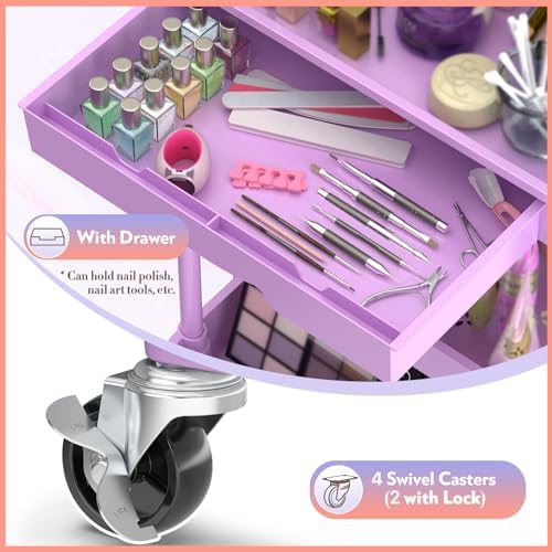 SUNALLY Makeup Cart Organizer with Drawer,3 Tier Rolling Makeup Cart,Purple - Image 3