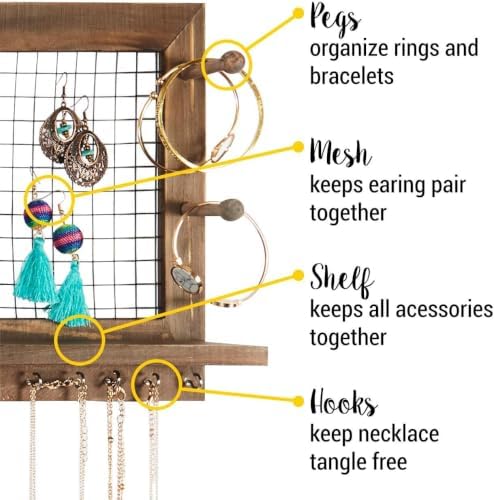 Rustic Jewelry Organizer Wall Mount with Bracelet Pegs-Necklace Holder Earring Hanger-Hanging Mounted Wooden Shelf to Display Earrings Necklaces and Accessories - Image 2