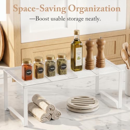 Extendable Metal Wire Shelf Organizer - Adjustable 15-24.4in Length, Stackable Storage Rack for Kitchen/Pantry/Bathroom/Shoe Cabinet/Tool Closet (1, White) - Image 6