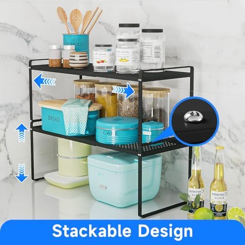 Expandable Kitchen Shelf Organizers, Kitchen Cabinet Organizer Stand Rack Organization for Countertop Cupborad Pantry Spice Rack, Black 1 Pack - Image 3