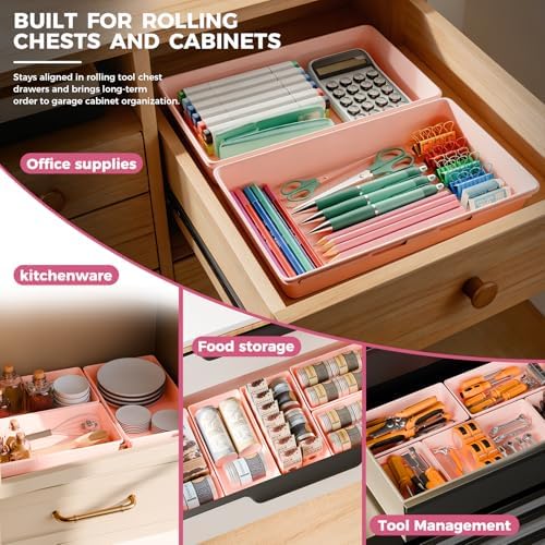 [6 PCS Extra-Large] Pink Drawer Organizer Trays with Non-Slip Pads, Interlocking Storage Bins for Vanity, Desk, Bathroom, Kitchen, Home Office and Utility Drawers - Image 4