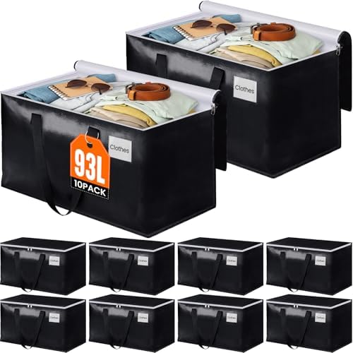 Heavy Duty Moving Bags, Extra Large Storage Bags, 93L, 10-Pack, Black by BlissTotes