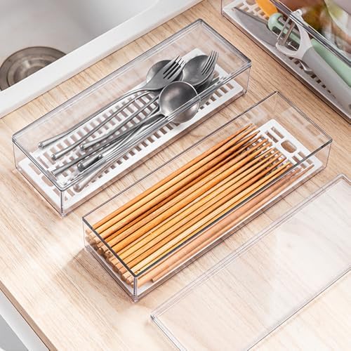 Transparent Flatware Tray Kitchen Drawer Organizer With Lid - Plastic Kitchen Cutlery Tray and Utensil Silverware Storage Container with Cover - Dinnerware Holder for Spoons Forks Knives - Image 3