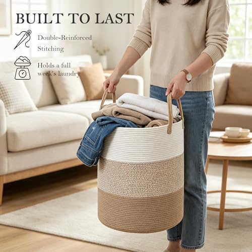 Large Laundry Hamper, Woven Rope Basket with Sturdy Handles-Yellow - Image 5
