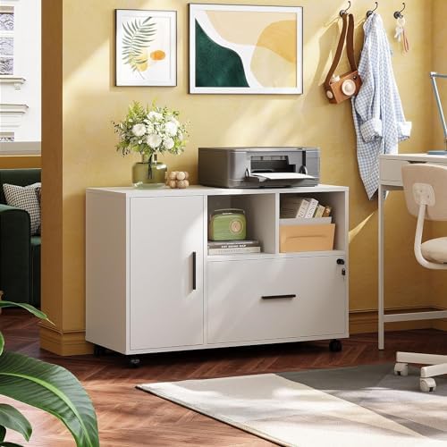 DEVAISE Office File Cabinet with Lock, 1-Drawer Wood Lateral Filing Cabinet on Wheels, Printer Stand with Open Storage Shelves for Home Office, White - Image 2