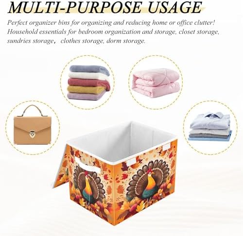 Thanksgiving Turkey Storage Bins with Lids and Carrying Handle,Foldable Storage Boxes Organizer Containers Baskets Cube with Cover for Home Bedroom Closet Office - Image 7