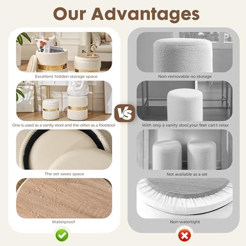 Round Ottoman with Storage Set of 2 White Velvet Vanity Stool - Image 4