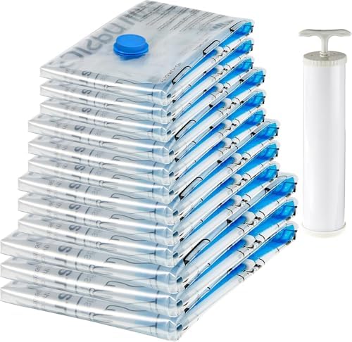 Amazon Basics Vacuum Storage Bags with Hand Pump for Travel, Space Saving Compression Bags for Clothes and Blankets, Clear, 12 Pack (3 Small, 3 Medium, 3 Large & 3 Jumbo) by AmazonBasics