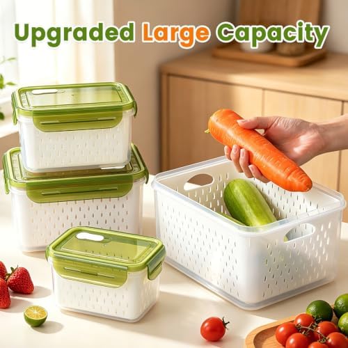 TBMax 8 Pieces Airtight Fruit Storage Containers for Fridge with Air Circulation Vent, 4 Pack Produce Saver with Colander for Berry Lettuce Salad Vegetable Storage, Refrigerator Organizers - Image 7