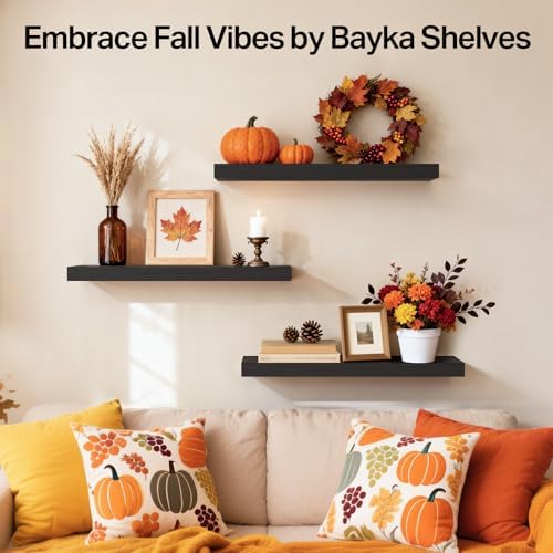 BAYKA Black Floating Shelves 15.7in, Set of 3, Wall Mount Rustic Wood Shelf - Image 4