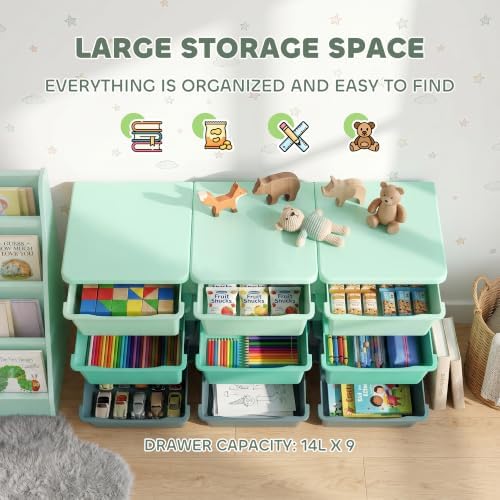 Qaba 9 Drawers Kids Storage Unit 3 Tier Stackable Toy Organizers Green - Image 4
