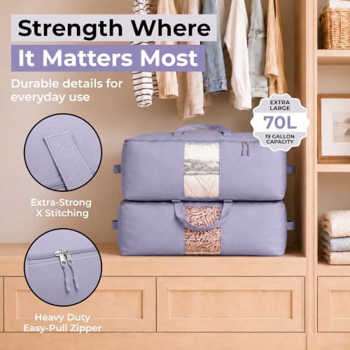Soft Canvas Storage Bags with Zipper. Thick Breathable, 2pc King/Queen Comforter Organizer. Four Carrying Handles and Window. Large 25x19x9in Bag for Sheets Blankets Bedding Pillows, Clothes (Purple) - Image 3