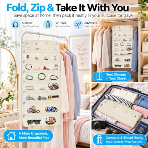 Freegrace Hanging Jewelry Organizer, 25 Zippered Pockets, 23 Necklace Hooks - Image 6