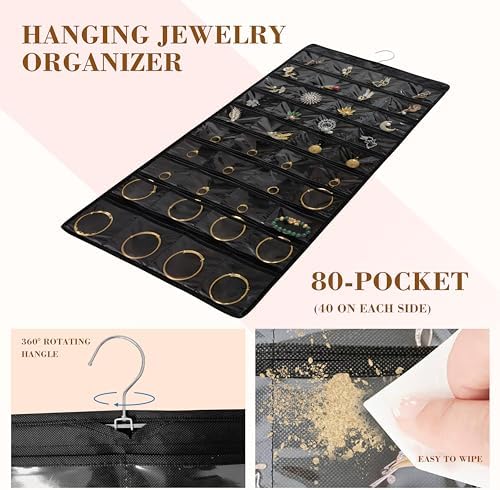 Hanging Jewelry Organizer for Closet Wall Door Double-Sided Jewelry Holder for Earrings, Necklaces, Rings 1 Pcs (Black) - Image 3