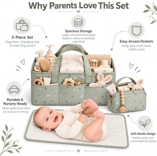 PeraBella Baby Diaper Caddy Organizer 3 Pcs Set, Floral Baby Basket Shower Gift, Nursery Organizer Basket for Newborn Boy Girl Essential Items, Changing Table Organizer Caddy for Baby Stuff, Car Caddy - Image 3