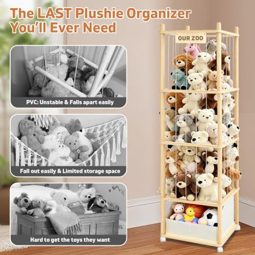 Large Stuffed Animal Storage with Toys Tray, Wood Stuffed Animal Zoo Storage with Brake Wheels, Large Capacity Stuffed Animal Holder, Perfect for Nursery Playroom Kidroom Bedroom - Image 4