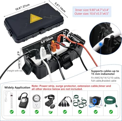Hrensaw Medium Outdoor Electrical Box(10.6x5.5x4.5inch),Weatherproof Connection Box w/6 Cable Entry,IP54 Waterproof Extension Cord Cover Protect Power Strip,Timer,Plug,Holiday Lights,Black - Image 2