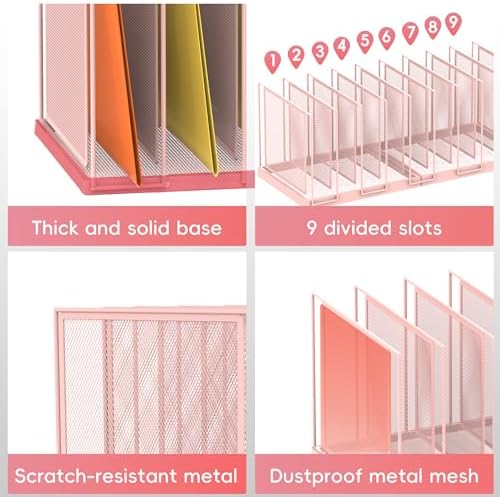 9-Section Desk File Organizer, Vertical File Holder, Mesh Desktop File Folder Metal File Organizer Stand for Office Home Classroom, Pink - Image 5