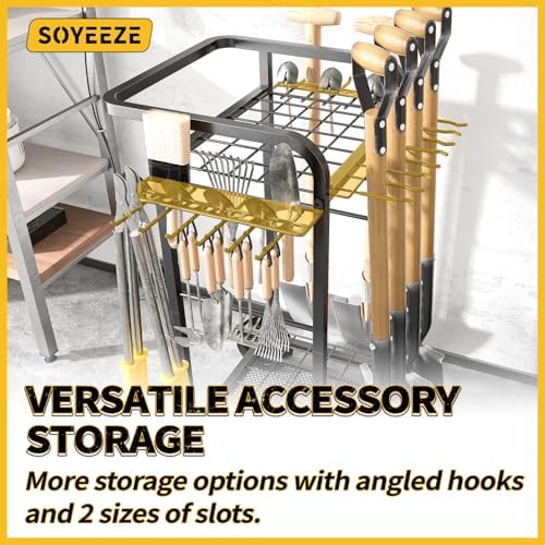 SOYEEZE Garden Tool Organizer with Large Wheels, Heavy Duty 3-Tier Yard Tower Tool Rack for Garage, Holds Up to 35 Long-Handled Tools, Garden Tool Cart with 12 Hooks for Tool Organization Storage - Image 6