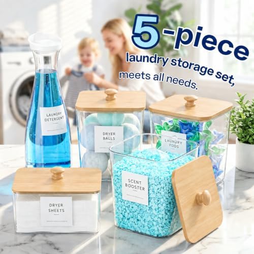 3+1+1 Pack Laundry Pods Containers & Dryer Sheet Holder & Laundry Detergent Dispenser, Laundry Room Organization and Storage with Wooden Lids, Labels and Scoops for Scent Boosters, Powder, Pods - Image 3