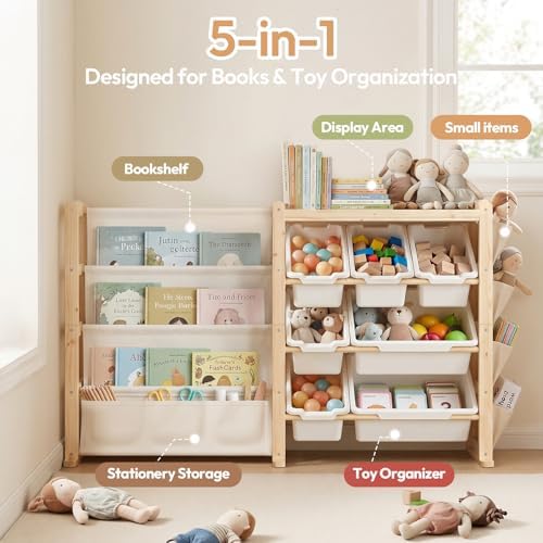 Fodoss Book Shelf for Kids Rooms - Toy Storage Organizer with Bookshelf, Solid Wood Kids Bookshelf with 7 Bins, Side Storage Pockets, Large Toy Organization for Nursery, Natural Pine - Image 5