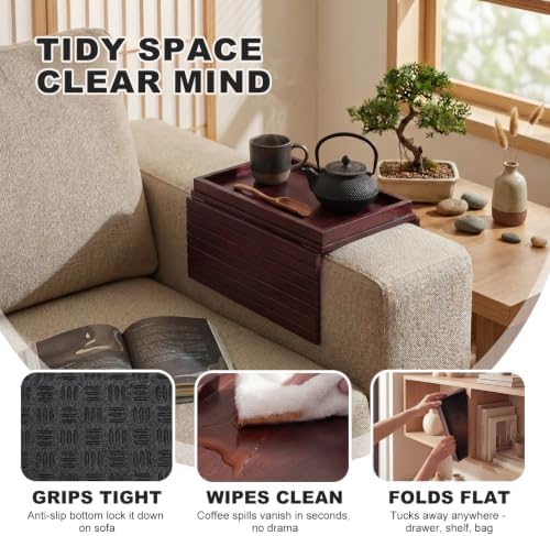 Sofa Arm Tray, Foldable Bamboo Couch Armrest Table with Large 12.5" x 5.8" Storage Compartment, Portable Chair Couch Caddy Arm Tray for Cup TV Snacks Phone (Velvet Mahogany) - Image 2