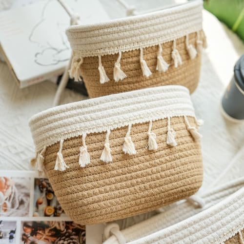 TeoKJ 3-Tier Cotton Rope Baskets with Tassels Over the Door Wall Hanging Baskets for Nursery, Living Room, Bathroom, Door Storage Organizer for Decoration Jute&White - Image 2