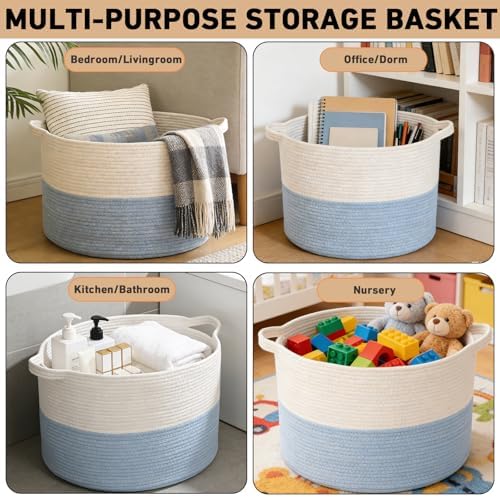 65L Extra Large Woven Blanket Basket, Laundry Basket-White&Blue - Image 6