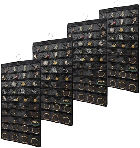 80 Pocket Hanging Jewelry Organizer with Hanger Metal Hooks Storage On Wall Door Closet Double-Sided(Each Side 40 Pockets) Jewelry Holder for Earrings, Necklaces, Rings (4 PACK BLACK) by Unknown