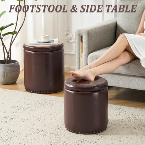 Royal Windsor Round Ottoman with Storage Set of 2, Faux Leather Button Tufted Vanity Stool, Storage Ottoman Coffee Table, Small Leather Foot Rest Stool for Living Room, Bedroom, Coffee - Image 3