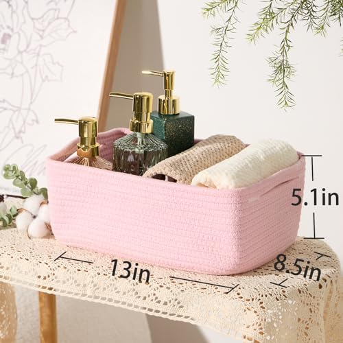 MiniArk Small Storage Baskets for Organizing | Closet Organizer Bins | Shelf Toy Basket | Woven Rope Baskets | Cube Decorative Box | Shallow Basket | 13x8.5x5.1” | 3 Packs Pink - Image 3