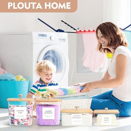 4 Pack Laundry Room Organization Storage Containers, Plastic Clear Laundry Pods Container & Dryer Sheet Holder Jars with Lids, Scoops & Labels for Detergent, Powder, Dryer Balls, Beads - Image 5