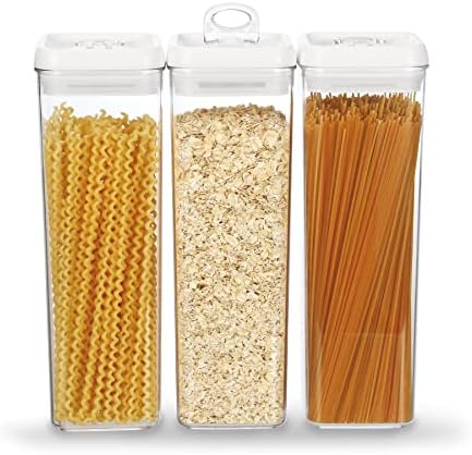 Felli Flip Tite TALL Storage Container with Lid 4" Air Tight Easy Open Ring Top, Clear Acrylic Skinny Canister Jar for Spaghetti Lasagna Fettuccine Noodle, Kitchen Cupboard Pantry Organizer (2.0 qt) by Felli