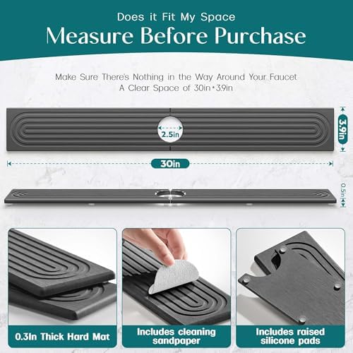 eormoe 30 inch Kitchen Faucet Absorbent Mat - Diatomaceous Earth Splash Guard for Sink Faucet, Aesthetic Water Absorbing Stone Tray in The Modern Home (30" x 3.9", Dark grey) - Image 2