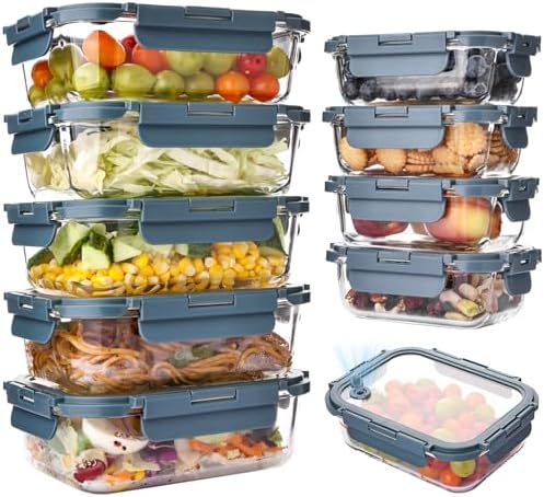 Liuruiyu 10 Pack Glass Food Storage Containers with Glass Lids, Airtight Meal Prep Containers, Leak-Proof Bento Boxes for Microwave, Oven, Freezer & Dishwasher, BPA-Free by Liuruiyu