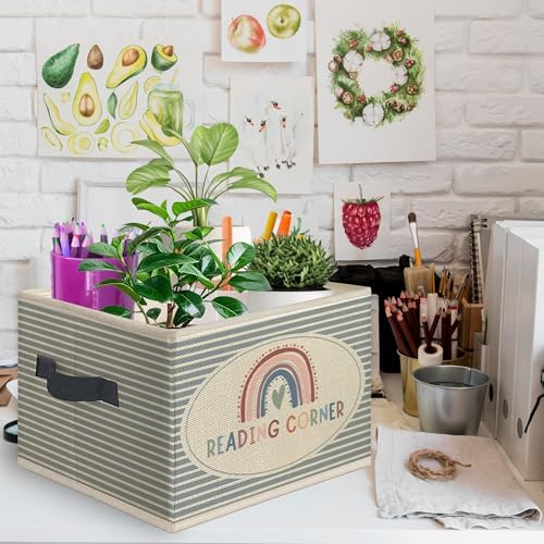 Boho Rainbow Reading Corner Foldable Storage Bins Box with Handles, Book Lovers Gifts Collapsible Toys Books Clothes Organizer Basket for Kids Nursery Reading Room Bedroom Classroom - Image 2