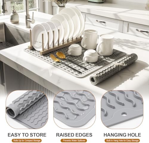 2 Pack Silicone Dish Drying Mat for Kitchen Counter Heat Resistant Pads Hot Dishes Waterproof with Under Sink Soap Holder Coffee Bar Accessories Women Gifts Large 18"x16" Light Gray - Image 2
