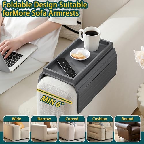 Bamboo Couch Arm Tray Table，Foldable Sofa Armrest Tray Table for Couch，Flexible and Anti-Slip Couch Arm Cup Holder，Portable Sofa Arm Chair Table for Drink,Cups, Eats，Snacks, Phone, Remote (Gray) - Image 4