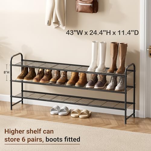 KEETDY 3-Tier Long Shoe Rack for Closet Metal Shoe Organizer for Entryway, Wide Stackable Shoe Storage Shelf with Sturdy Wire Grid for Closet Floor, Bedroom, Black - Image 3