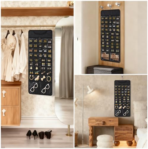 FOREGOER Hanging Jewelry Organizer 88 Zippered Pocket, 2-Sided,1 Pack Black - Image 3