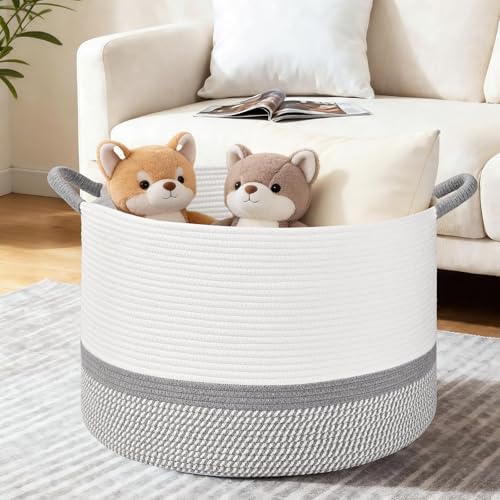 67L Large Blanket Basket, 20"x13" Blanket Basket Living Room, Woven Baskets With Handle, Toy Baskets for Blankets, Nursery, Dog, Pillow, Gift (White & Light Grey) - Image 4