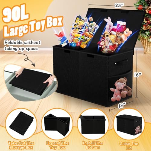 Large Toy Storage Box with Lid, Dividers, Collapsible Kids Toy Chest, Black - Image 2