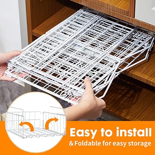 Hanging Under Shelf Storage Basket, 2 Pack Foldable Under Cabinet Metal Desk Storage Wire Rack Organizer for Kitchen Pantry Bookshelf Office Home, Easy to Install Slide-in Under Shelves (White) - Image 3
