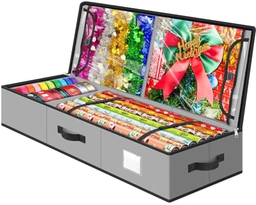 BlessedSeason Wrapping Paper Storage Organizer for 40 Inch Christmas Gifts Wrapping Paper, 2 Visible Supplies Pockets for Holiday Accessories, Christmas Decoration Storage Containers, Grey by Unknown