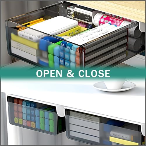 SVNNELP Under Desk Table Drawer Storage Organizer Slide Out, Attachable Hidden Self-Adhesive Under Desk Pencil Tray Drawer for Office/Classroom/Home (Clear Black/M) - Image 7