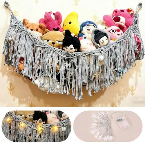 Stuffed Animal Hammock or Net With LED Lights Extra Large Wall Hanging Stuffed Animal Storage Nets for Teddy Bear Handmade Macrame Hanging Toy Net Hammock for Stuffed Animal (Gray) - Image 2