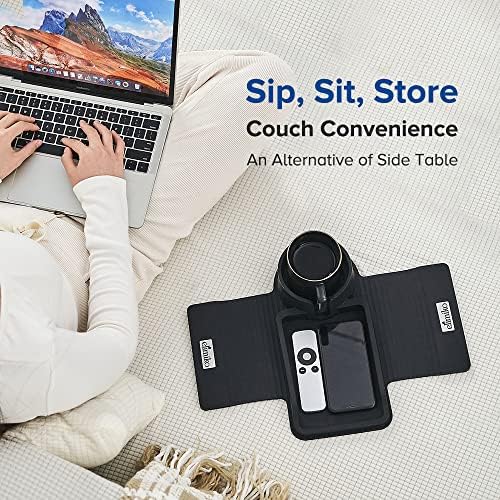 Couch Cup Holder Tray, Elimiko Silicone Sofa Drink Holder with Large Cup Holder and Tray, for Oversized Mugs/Long Remote/Snacks/Cellphone (Black) - Image 2